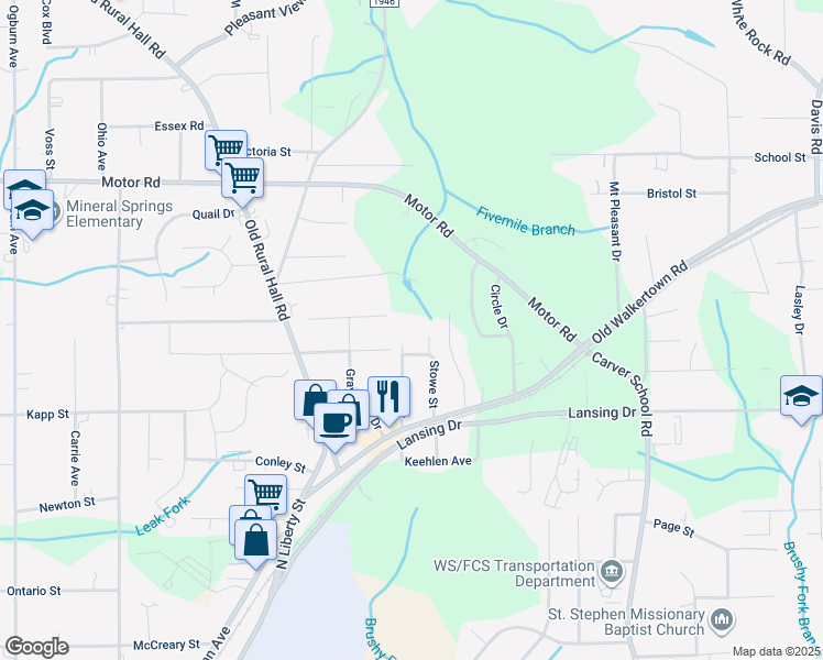 map of restaurants, bars, coffee shops, grocery stores, and more near 4501 Lane Street in Winston-Salem