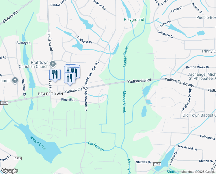 map of restaurants, bars, coffee shops, grocery stores, and more near 4338 Karley Court in Winston-Salem