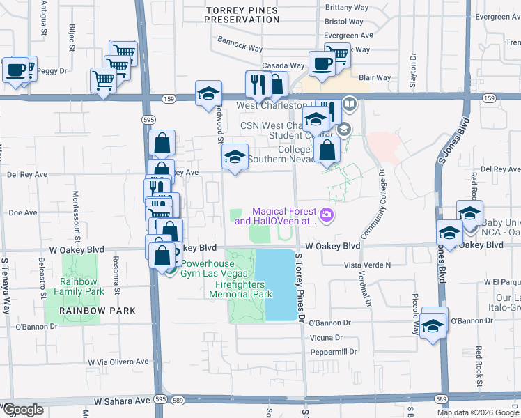 map of restaurants, bars, coffee shops, grocery stores, and more near 6665 Del Rey Avenue in Las Vegas
