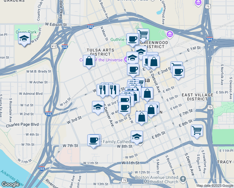 map of restaurants, bars, coffee shops, grocery stores, and more near 224 South Boulder Avenue West in Tulsa