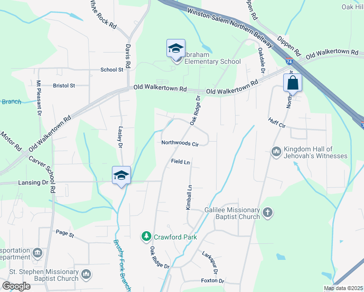 map of restaurants, bars, coffee shops, grocery stores, and more near 4585 Oak Ridge Drive in Winston-Salem