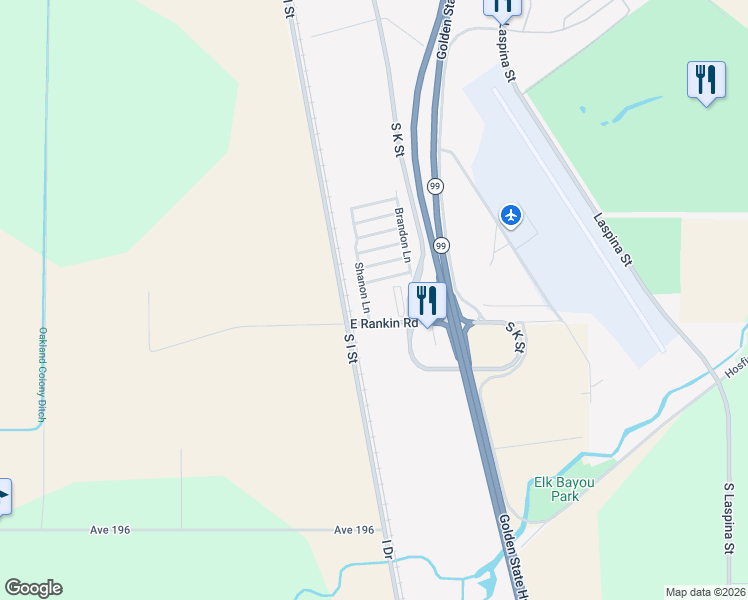 map of restaurants, bars, coffee shops, grocery stores, and more near Shanon Ln in Tulare