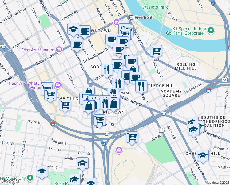 map of restaurants, bars, coffee shops, grocery stores, and more near 601 Tennessee 11 in Nashville