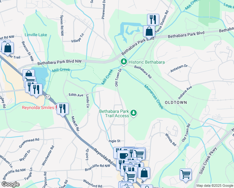 map of restaurants, bars, coffee shops, grocery stores, and more near 4618 Old Town Drive in Winston-Salem
