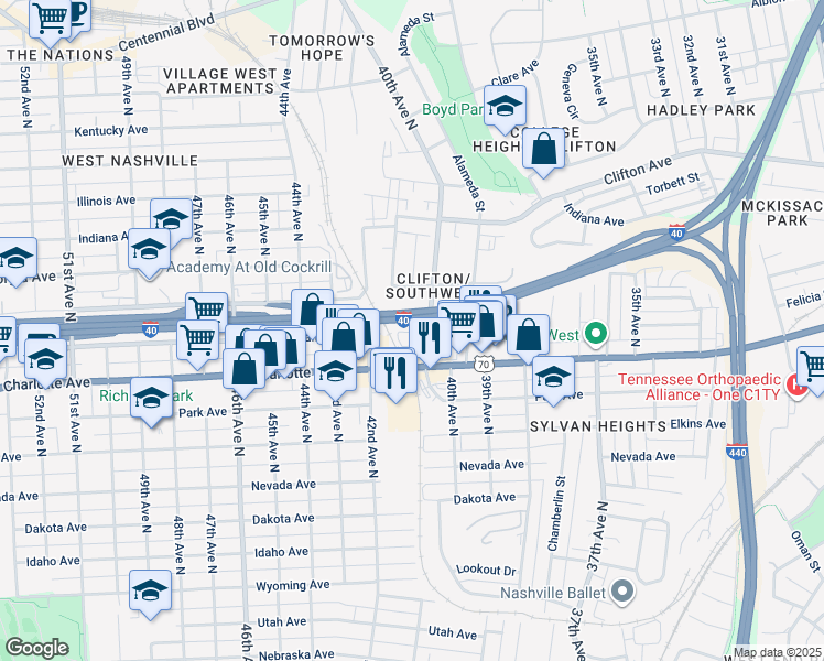 map of restaurants, bars, coffee shops, grocery stores, and more near 405 40th Avenue North in Nashville