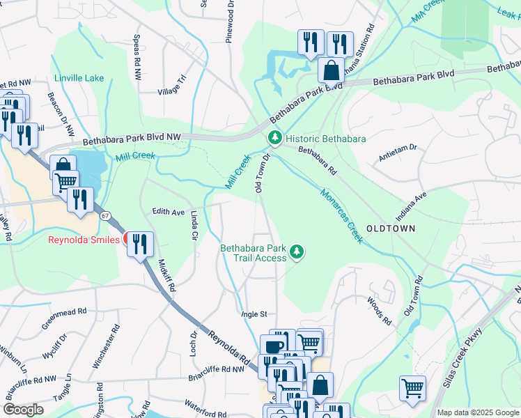 map of restaurants, bars, coffee shops, grocery stores, and more near 4618 Old Town Drive in Winston-Salem