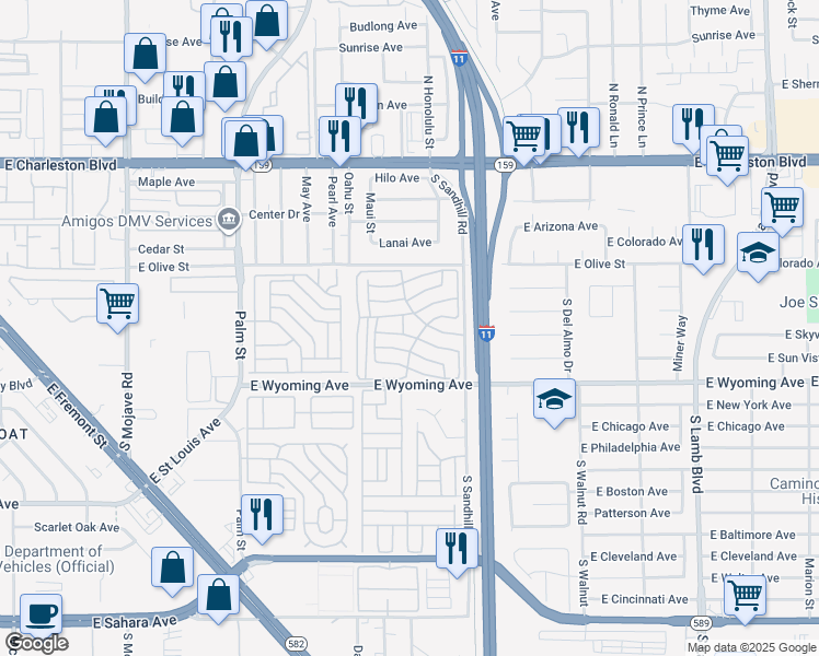 map of restaurants, bars, coffee shops, grocery stores, and more near 1601 South Sandhill Road in Las Vegas