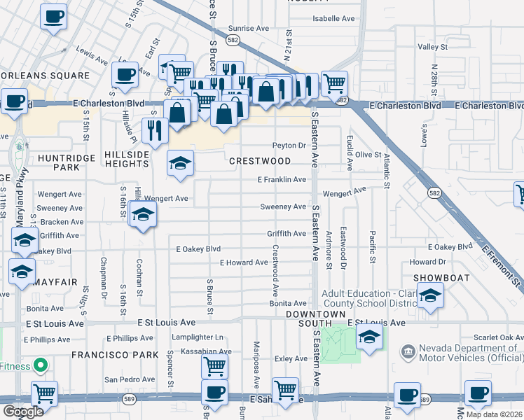 map of restaurants, bars, coffee shops, grocery stores, and more near 1924 Bracken Avenue in Las Vegas