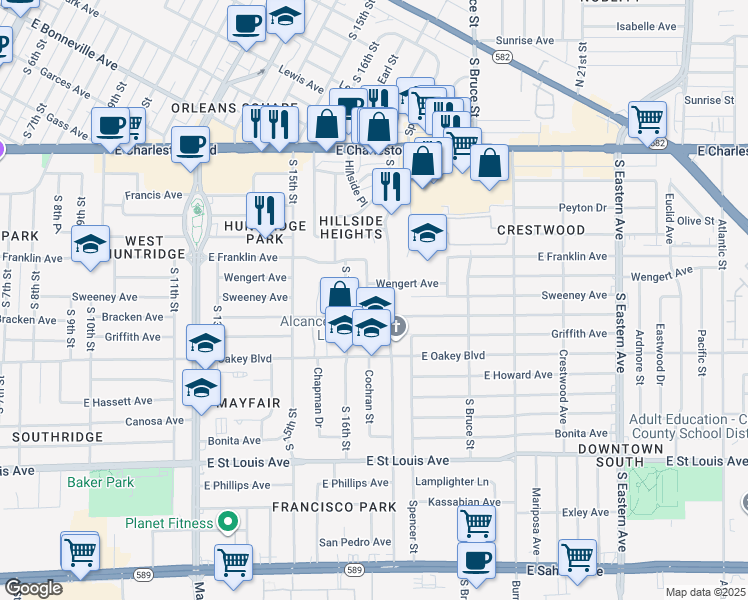 map of restaurants, bars, coffee shops, grocery stores, and more near 1620 Bracken Avenue in Las Vegas