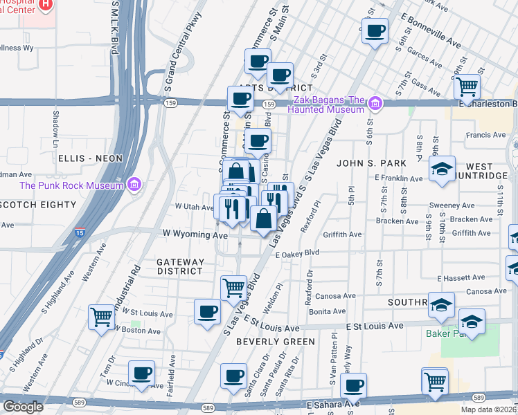 map of restaurants, bars, coffee shops, grocery stores, and more near 1509 South Main Street in Las Vegas