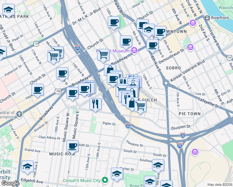 map of restaurants, bars, coffee shops, grocery stores, and more near 1214 Laurel Street in Nashville