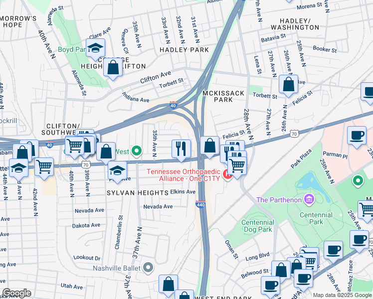map of restaurants, bars, coffee shops, grocery stores, and more near 3302 Charlotte Avenue in Nashville