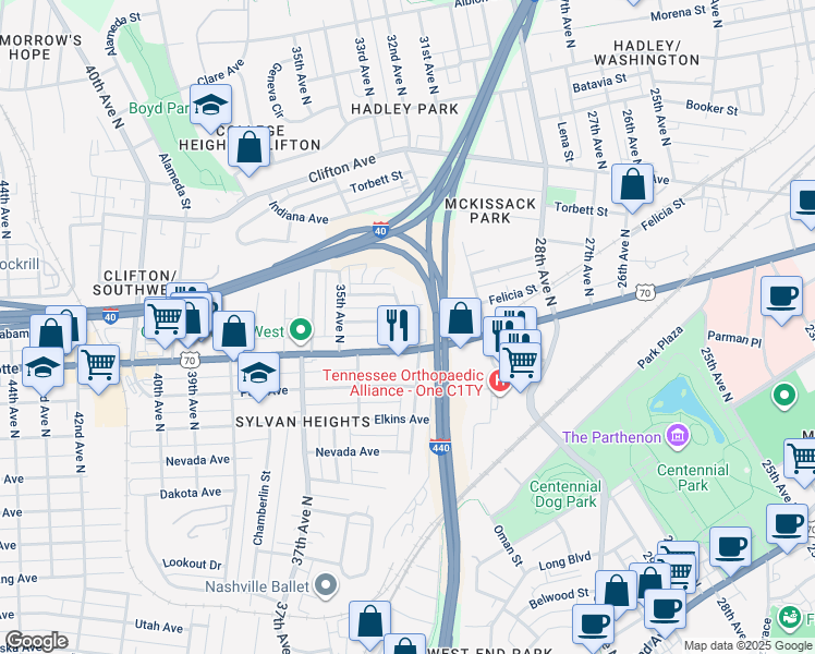 map of restaurants, bars, coffee shops, grocery stores, and more near 3302 Charlotte Avenue in Nashville