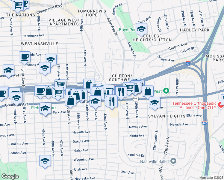 map of restaurants, bars, coffee shops, grocery stores, and more near 4100 Charlotte Avenue in Nashville