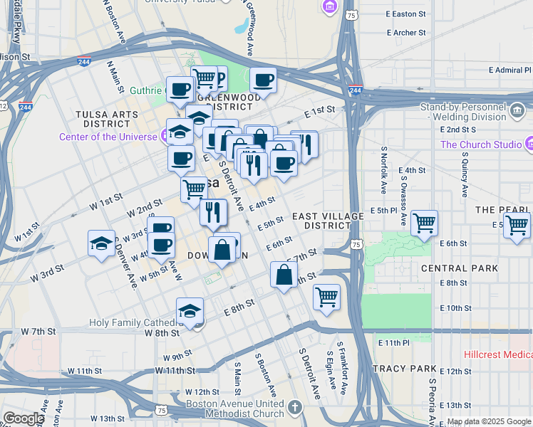 map of restaurants, bars, coffee shops, grocery stores, and more near 509 South Elgin Avenue in Tulsa