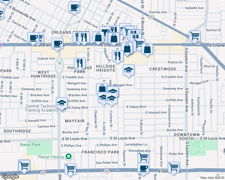 map of restaurants, bars, coffee shops, grocery stores, and more near 1620 Bracken Avenue in Las Vegas