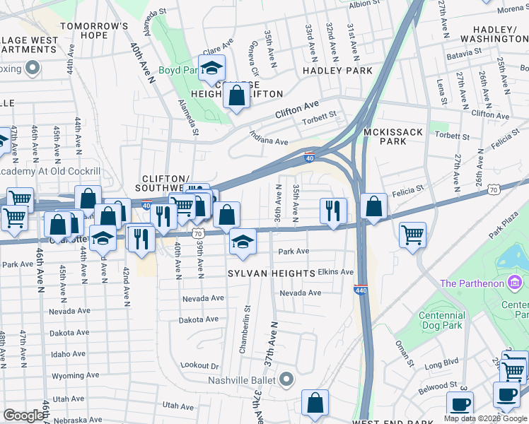 map of restaurants, bars, coffee shops, grocery stores, and more near 3708 Charlotte Avenue in Nashville