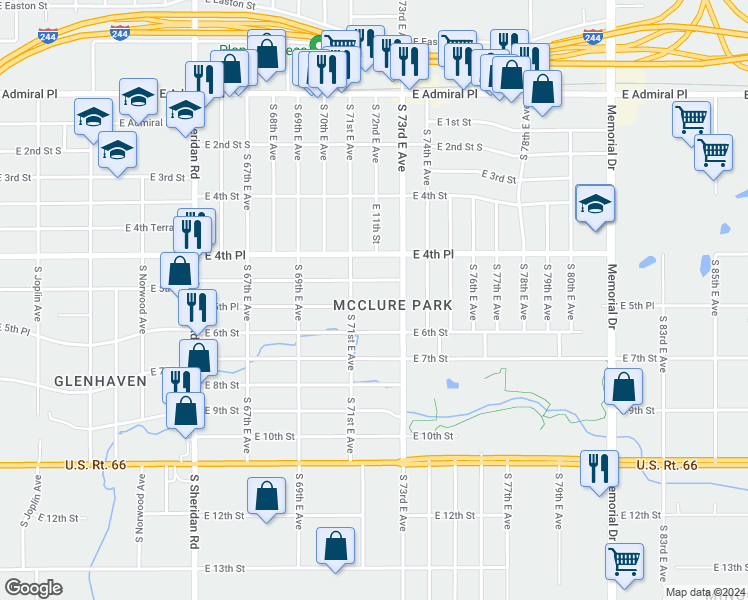 map of restaurants, bars, coffee shops, grocery stores, and more near 7121 East 5th Place in Tulsa