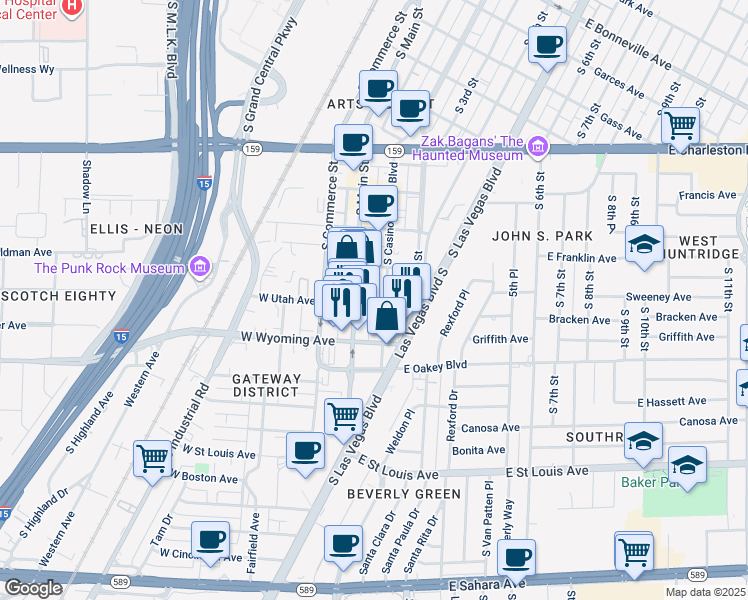 map of restaurants, bars, coffee shops, grocery stores, and more near 1509 South Main Street in Las Vegas