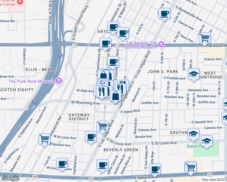 map of restaurants, bars, coffee shops, grocery stores, and more near 1509 South Main Street in Las Vegas