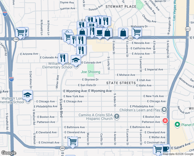 map of restaurants, bars, coffee shops, grocery stores, and more near 4458 East Skyview Drive in Las Vegas