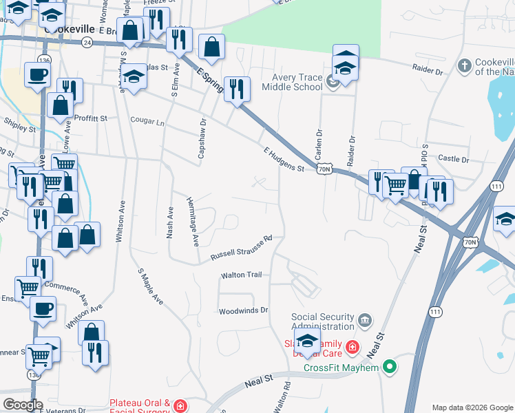 map of restaurants, bars, coffee shops, grocery stores, and more near 975 Llana Lane in Cookeville