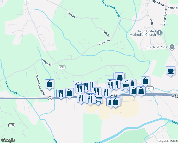 map of restaurants, bars, coffee shops, grocery stores, and more near 914 Winkler Mill Road in Wilkesboro