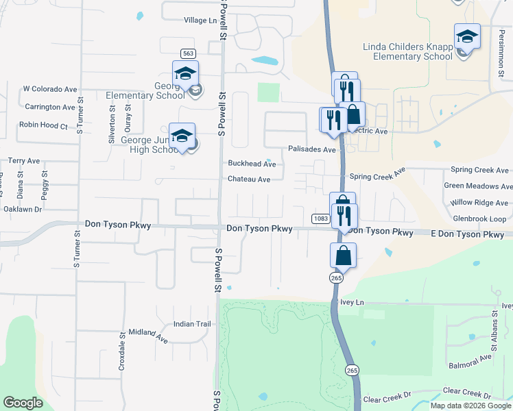 map of restaurants, bars, coffee shops, grocery stores, and more near 3481 Sweetgum Lane in Springdale