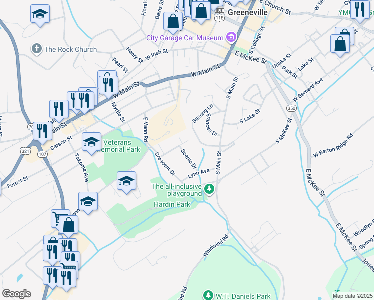 map of restaurants, bars, coffee shops, grocery stores, and more near 505 Scenic Drive in Greeneville