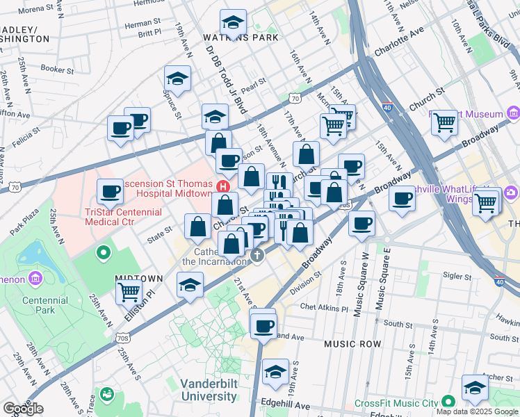 map of restaurants, bars, coffee shops, grocery stores, and more near 1912 Hayes Street in Nashville