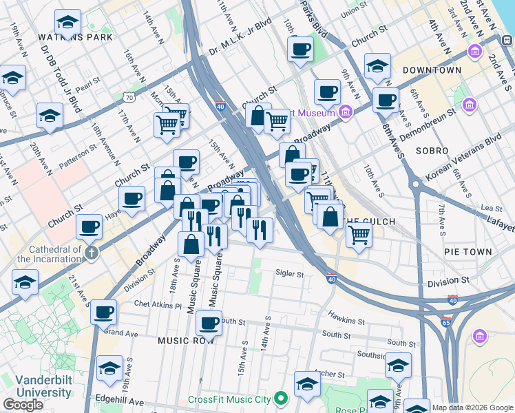 map of restaurants, bars, coffee shops, grocery stores, and more near in Nashville