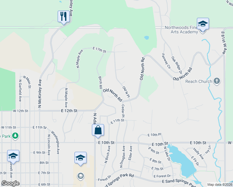 map of restaurants, bars, coffee shops, grocery stores, and more near 1315 Northridge Drive in Sand Springs