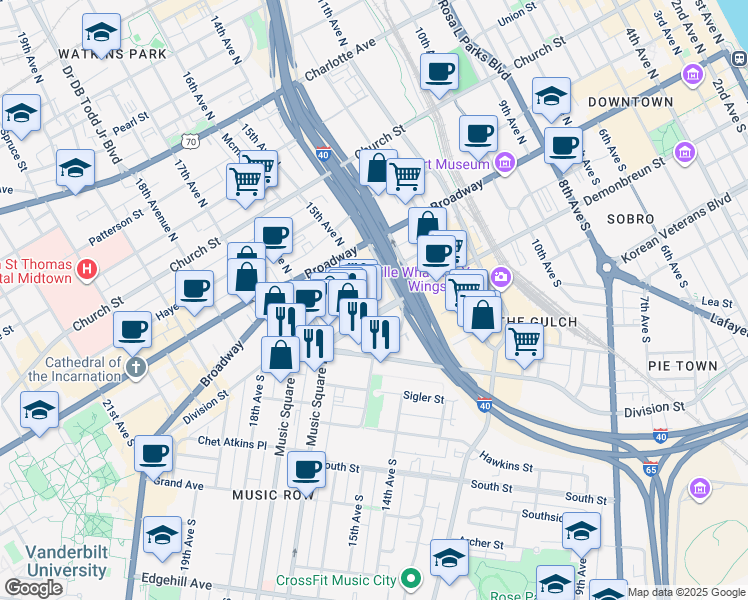 map of restaurants, bars, coffee shops, grocery stores, and more near 1510 Demonbreun Street in Nashville