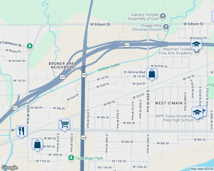 map of restaurants, bars, coffee shops, grocery stores, and more near 5649 West 3rd Street in Tulsa