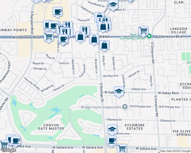 map of restaurants, bars, coffee shops, grocery stores, and more near 1536 Brocado Lane in Las Vegas