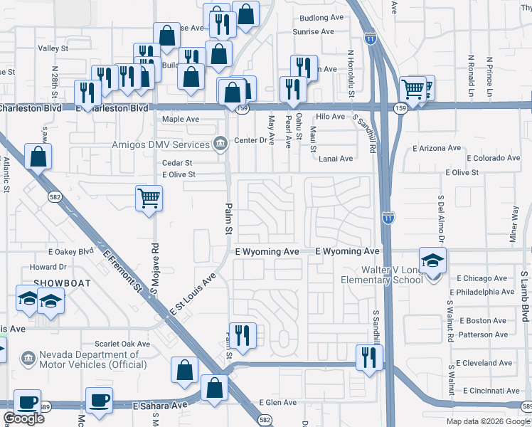 map of restaurants, bars, coffee shops, grocery stores, and more near 1624 Palm Street in Las Vegas