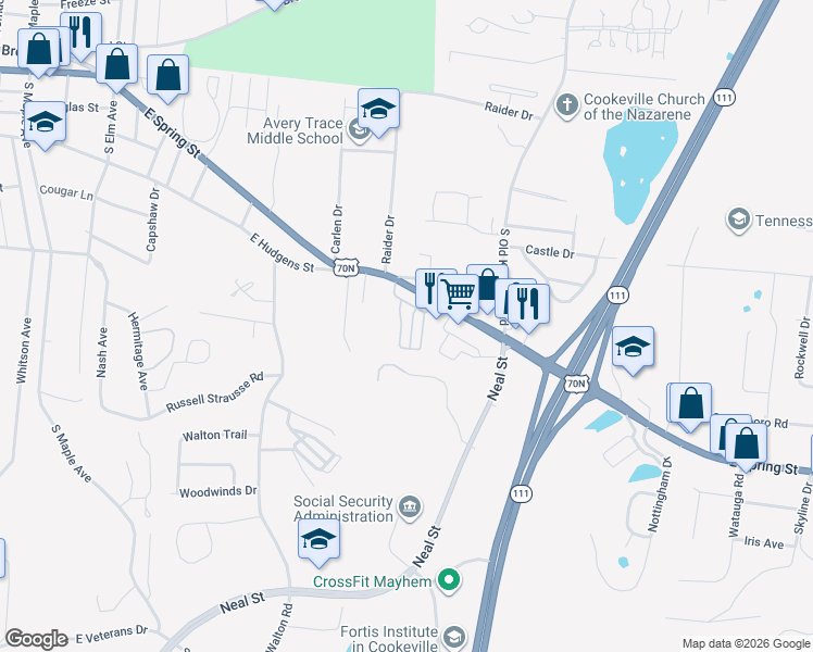 map of restaurants, bars, coffee shops, grocery stores, and more near 1115 East Spring Street in Cookeville