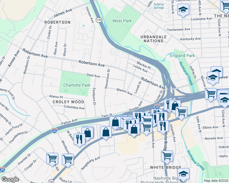 map of restaurants, bars, coffee shops, grocery stores, and more near 5915 Maxon Avenue in Nashville