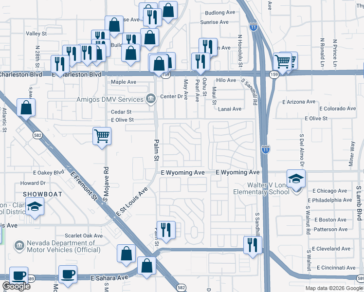 map of restaurants, bars, coffee shops, grocery stores, and more near 1624 Palm Street in Las Vegas