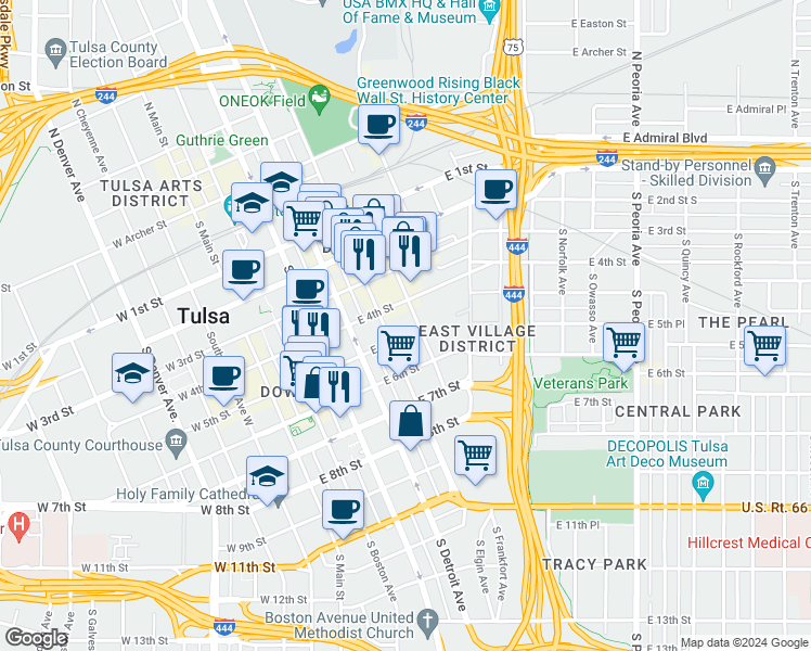 map of restaurants, bars, coffee shops, grocery stores, and more near 418 South Frankfort Avenue in Tulsa