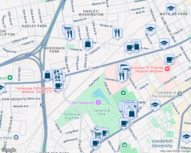 map of restaurants, bars, coffee shops, grocery stores, and more near 1 Park Plaza in Nashville