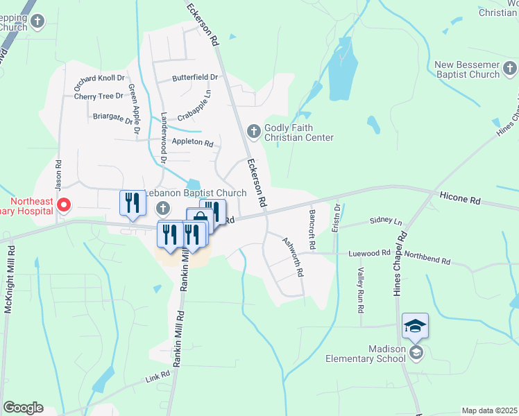 map of restaurants, bars, coffee shops, grocery stores, and more near 5501 Eckerson Road in Greensboro