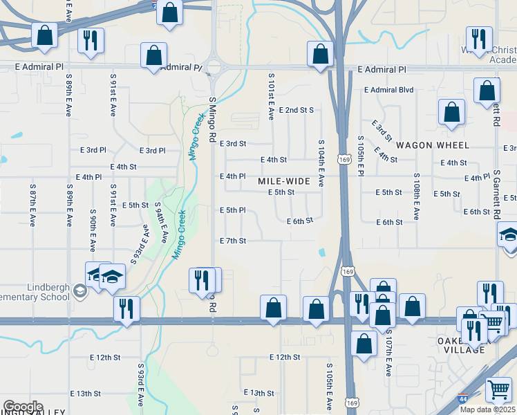 map of restaurants, bars, coffee shops, grocery stores, and more near 542 South 99th East Avenue in Tulsa