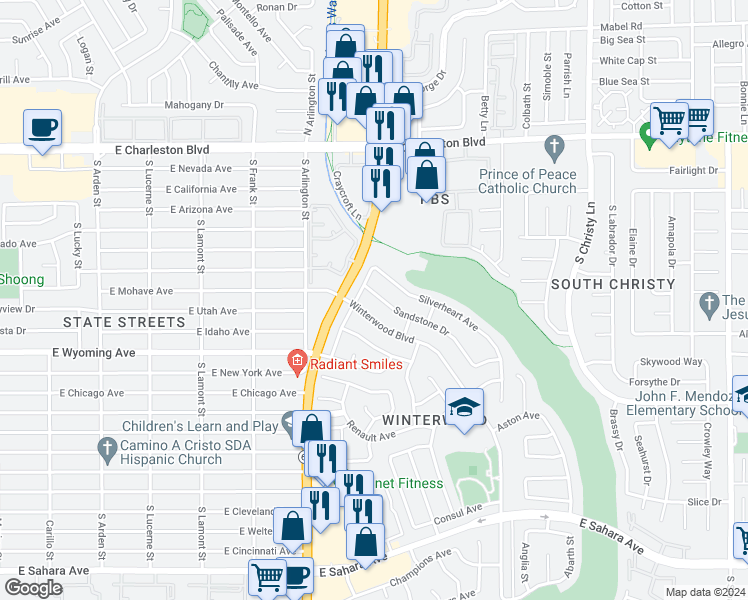 map of restaurants, bars, coffee shops, grocery stores, and more near 5157 Sandstone Drive in Las Vegas