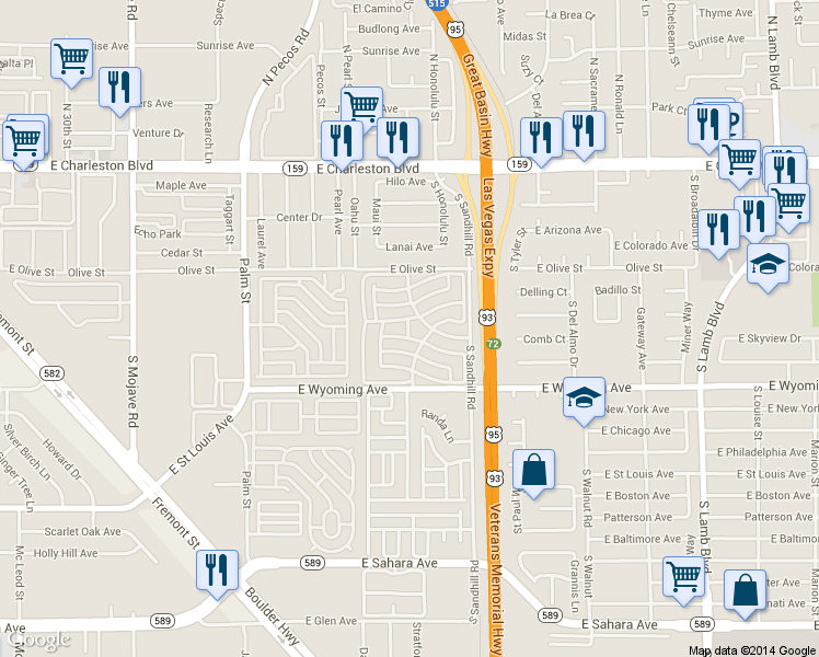map of restaurants, bars, coffee shops, grocery stores, and more near 1601 South Sandhill Road in Las Vegas