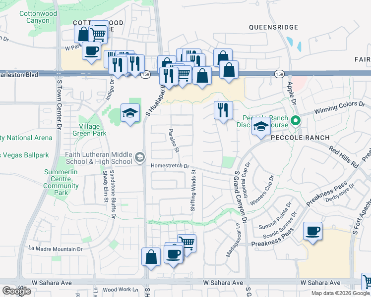 map of restaurants, bars, coffee shops, grocery stores, and more near 9825 Homestretch Drive in Las Vegas