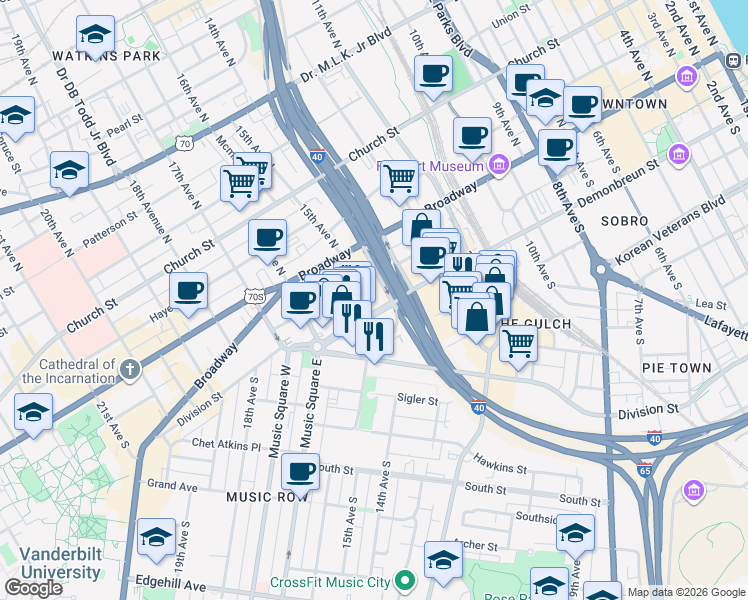 map of restaurants, bars, coffee shops, grocery stores, and more near 1501 Demonbreun Street in Nashville
