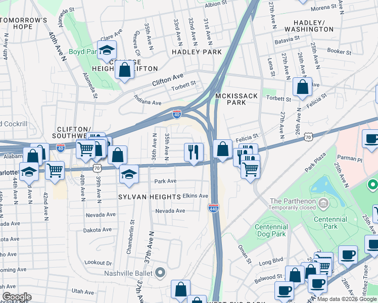 map of restaurants, bars, coffee shops, grocery stores, and more near in Nashville