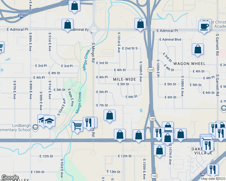map of restaurants, bars, coffee shops, grocery stores, and more near 542 South 99th East Avenue in Tulsa