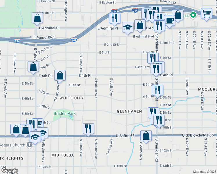 map of restaurants, bars, coffee shops, grocery stores, and more near 528 South Joplin Avenue in Tulsa